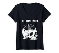 Mujer If I Fits I Sits Cat Skull, Divertido, gótico, Meme Oscuro, Humor 3 Camiseta Cuello V