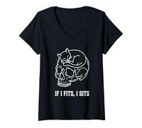 Mujer If I Fits I Sits Cat Skull, Divertido, gótico, Meme Oscuro, Humor 5 Camiseta Cuello V