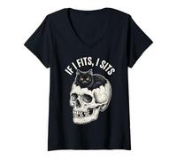 Mujer If I Fits I Sits - Funny Black Cat Skull Camiseta Cuello V