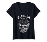 Mujer If I Fits I Sits - Funny Black Cat Skull Camiseta Cuello V