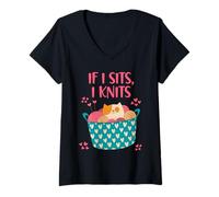 Mujer If I sit I knits funny girl who loves cats and knitting tee Camiseta Cuello V
