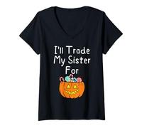 Mujer I'Ll Trade My Sister For Candy Siblings Calabaza de Halloween Camiseta Cuello V