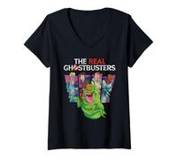 Mujer Illustrated Character Panels with Slimer and Logo Cartoon Camiseta Cuello V