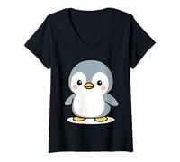 Mujer Ilustración Animal de Invierno Lindo de Dibujos Animados de pingüino Kawaii Camiseta Cuello V