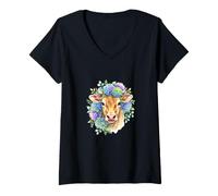 Mujer Ilustración Cabeza de Vaca en Acuarela Corona de Hortensias Camiseta Cuello V