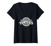 Mujer Ilustración clásica de TMNT con el Logotipo Retro en Escala de Grises de Heroes Half Shell Camiseta Cuello V