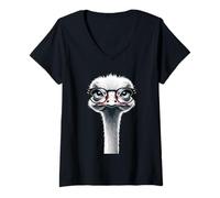 Mujer Ilustración de Avestruz con Gafas Camiseta Cuello V