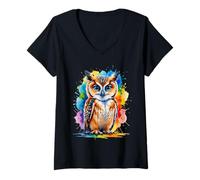 Mujer Ilustración de búho Colorido en Acuarela Camiseta Cuello V