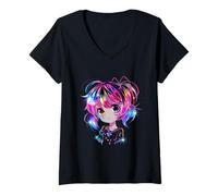 Mujer Ilustración de Chica Anime Colorida | Chibi Style Camiseta Cuello V