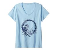 Mujer Ilustración de Corona Floral de Luna de búho Nocturno Camiseta Cuello V