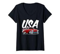 Mujer Ilustración de Dibujos Animados American Pride Classic Hotrod Car USA Camiseta Cuello V