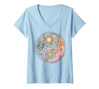 Mujer Ilustración de Flores Que Inspira Equilibrio y Alegría Camiseta Cuello V