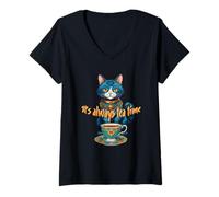 Mujer Ilustración de la hora del té del gato caprichoso Camiseta Cuello V