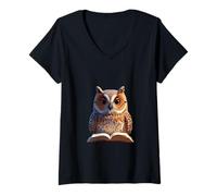 Mujer Ilustración de Lectura de búho Sabio Camiseta Cuello V