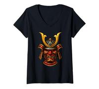 Mujer Ilustración de máscara samurai Oni - Feroz arte guerrero japonés Camiseta Cuello V