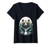 Mujer Ilustración de Oso con Bosque y Cascada Camiseta Cuello V