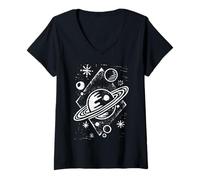 Mujer Ilustración de Planeta Saturno Cósmico | Espacio Abstracto Camiseta Cuello V