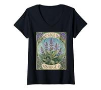 Mujer Ilustración de Planta botánica de Hierba de Salvia modernista Camiseta Cuello V