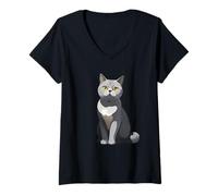 Mujer Ilustración estilizada de gato British Shorthair Camiseta Cuello V