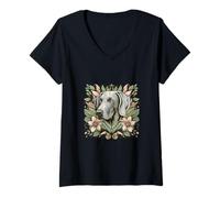 Mujer Ilustración inspirada en la naturaleza botánica del perro Weimaraner Camiseta Cuello V