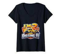 Mujer I'm 2 and Digging It Boys Camión de construcción de 2º cumpleaños Camiseta Cuello V