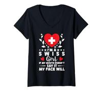 Mujer I'm a Swiss Girl Swiss Face Switzerland Flag Camiseta Cuello V