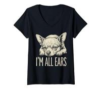 Mujer Im All Ears Funny Chihuahua Dog Puppy Cute Lying Down Camiseta Cuello V