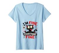 Mujer Im Fine Everything Is Funny Cat Ansiedad Humor Gráfico Camiseta Cuello V