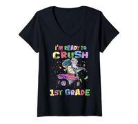Mujer I'm Ready To Crush 1st Grade Unicorn Dinosaur Monster Truck Camiseta Cuello V