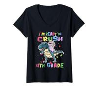 Mujer I'm Ready To Crush 4th Grade Unicorn Dinosaur Back to School Camiseta Cuello V