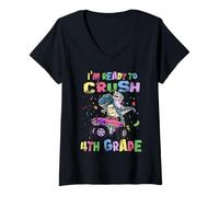 Mujer I'm Ready To Crush 4th Grade Unicorn Dinosaur Monster Truck Camiseta Cuello V