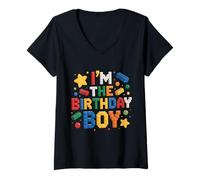 Mujer Im The Birthday Boy Building Bricks Decoración de fiesta familiar Camiseta Cuello V