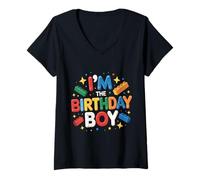 Mujer Im The Birthday Boy Building Bricks Decoración de fiesta familiar Camiseta Cuello V