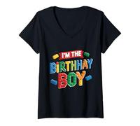 Mujer Im The Birthday Boy Building Bricks Decoración de fiesta familiar Camiseta Cuello V
