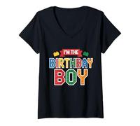 Mujer Im The Birthday Boy Building Bricks Decoración de fiesta familiar Camiseta Cuello V