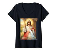Mujer Imagen de la Divina Misericordia Jesús Confío en Ti Oración Católica Camiseta Cuello V