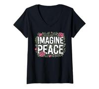 Mujer Imagine Peace Floral Message Inspirational Art Camiseta Cuello V