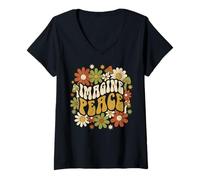 Mujer Imagine Peace Retro Flowers Mushrooms Camiseta Cuello V