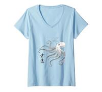 Mujer Impresión artística de pulpo de caligrafía japonesa Camiseta Cuello V