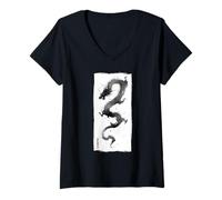 Mujer Impresión artística Japonesa Sumi-e Ink Wash Dark Art Print Camiseta Cuello V