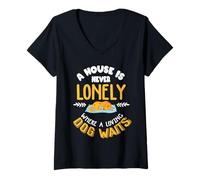 Mujer Impresión con Texto en inglés A House is Never Lonely Where a Loving Dog Waits. Camiseta Cuello V