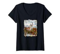 Mujer Impresión de Acuarela del Castillo de Neuschwanstein Alemania Camiseta Cuello V
