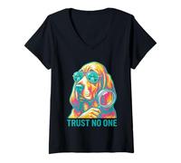 Mujer Impresión en Bloque Trust No One Hound Dog Detective Alien UFO Camiseta Cuello V