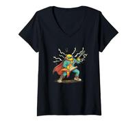Mujer Impresionante Aspecto de héroe con Capa y Guitarra Camiseta Cuello V