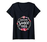 Mujer Impresionante Desde 1955 70 cumpleaños niñas de Flores Nacidas en 1955 Camiseta Cuello V