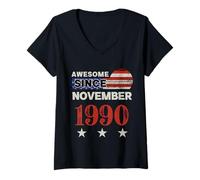 Mujer Impresionante Desde 1990 Vintage USA Flag Classic Noviembre 1990 Camiseta Cuello V