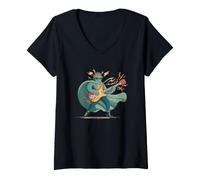Mujer Impresionante héroe de Rock con Guitarra eléctrica y Capa Camiseta Cuello V