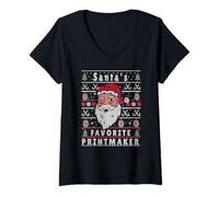 Mujer Impresora navideña FEA de Papá Noel Camiseta Cuello V