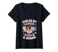 Mujer Impulsado por Boba Ramen y K-Drama K-Pop Lover Kawaii Bubble Tea Camiseta Cuello V