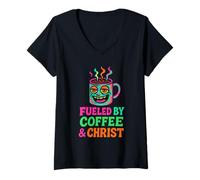 Mujer Impulsado por el café y Cristo fe Cristiana Amante del café Camiseta Cuello V